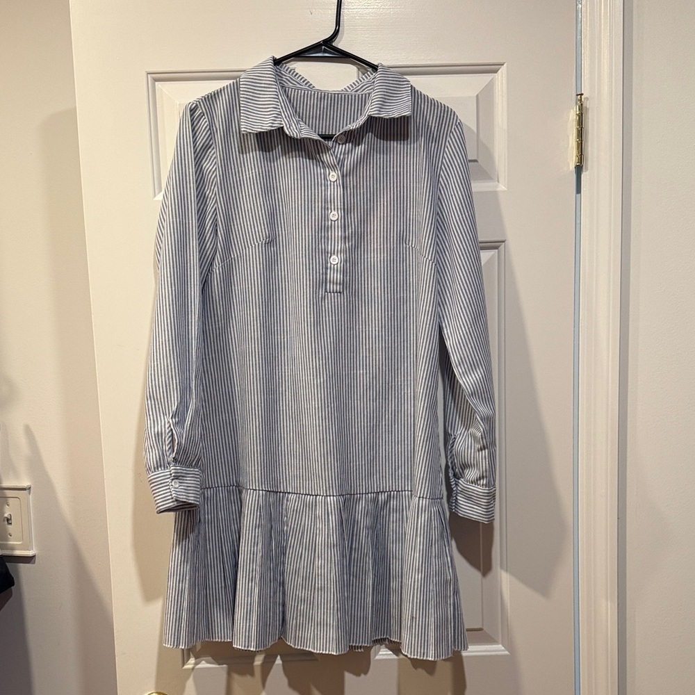 SHEIN White and Light Blue Striped Long Sleeve Dress